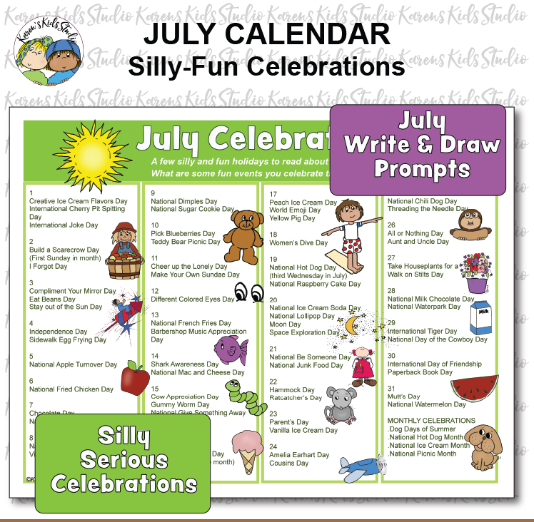 Celebrations and Holidays Calendar JULY (Karen's Kids Free Template)