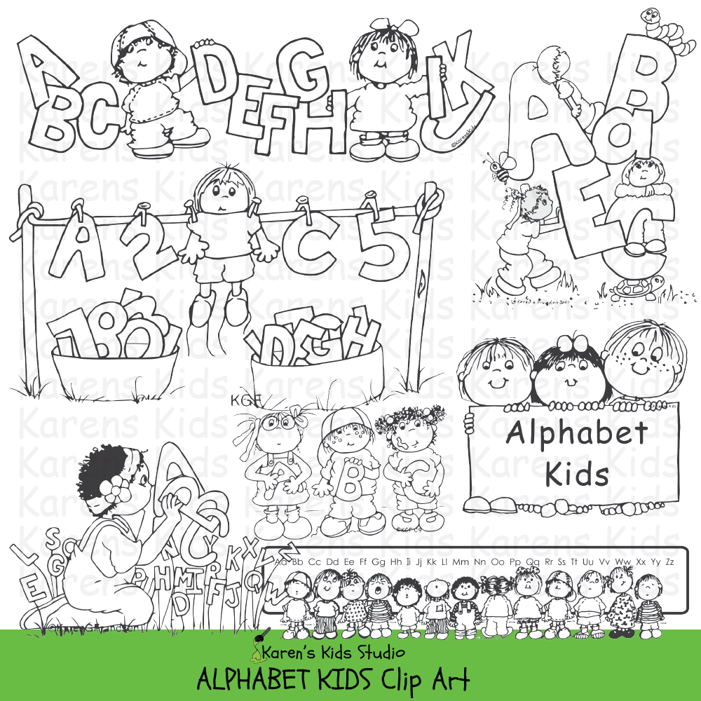 Black and white clip art samples of kids holding letters of the alphabet; 2 children in a row of capital letters, a clothesline with letters, 3 kids holding a sign that says ALPHABET KIDS.