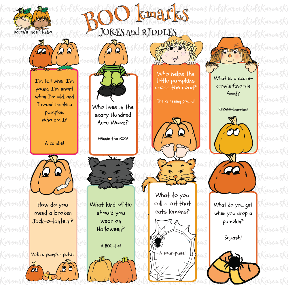 The picture shows 9 different bookmarks, each one has a different riddle and answer. Bookmarks are decorated with pumpkins, scarecrows, cats, a spider web and candy with orange and green.  The title on the page reads BOOkmarks., Jokes and Riddles.