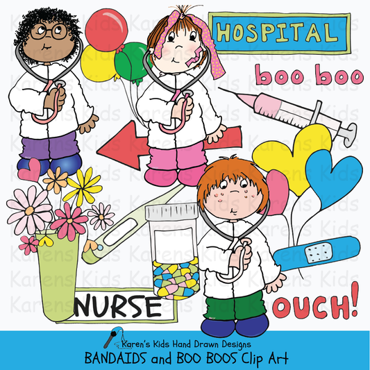 Title reads BANDAIDS AND BOO BOOS clipart. 14 colorful clipart images of children dressed like doctors, nurses with stethoscopes, a hospital sign, pink, yellow and blue balloons, blue bandaid, OUCH! sign, thermometer, bottle of medicine. boo boo sign and more.. 