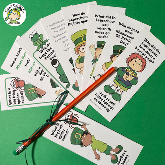 Samples of  9 bookmarks. One is tied with a pencil and a green ribbon. Each bookmark has a St Patricks Day images and joke in shades of green.