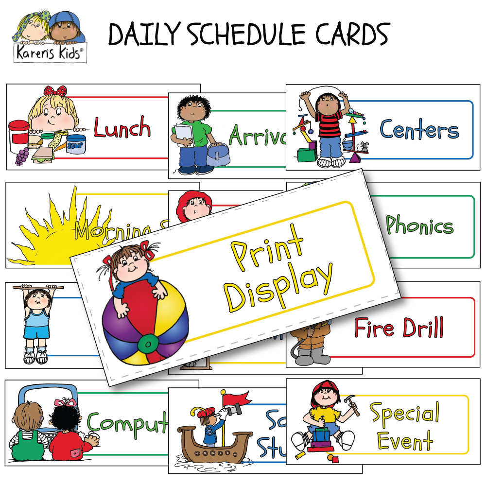 SCHEDULE CARDS for the Day PRIMARY COLORS (Karen's Kids Editable Printables)
