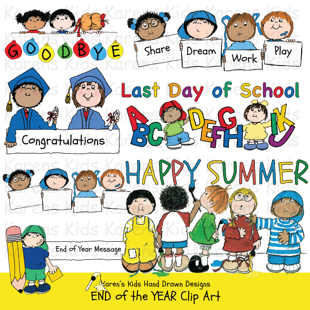 Colorful end of the school year kids clipart, last day of school party kids clipart. 