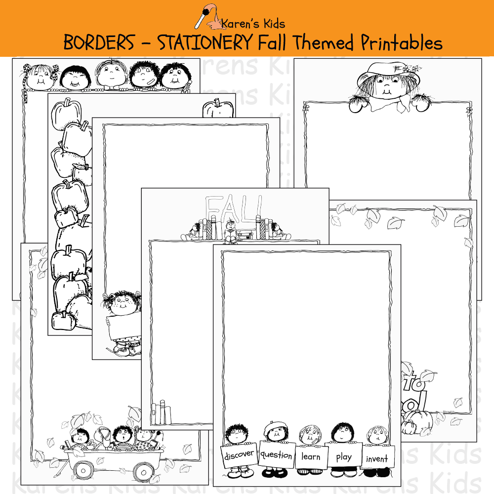 Samples of black, white BORDERS; Fall Borders, stationery (Karen's Kids Editable Printables)