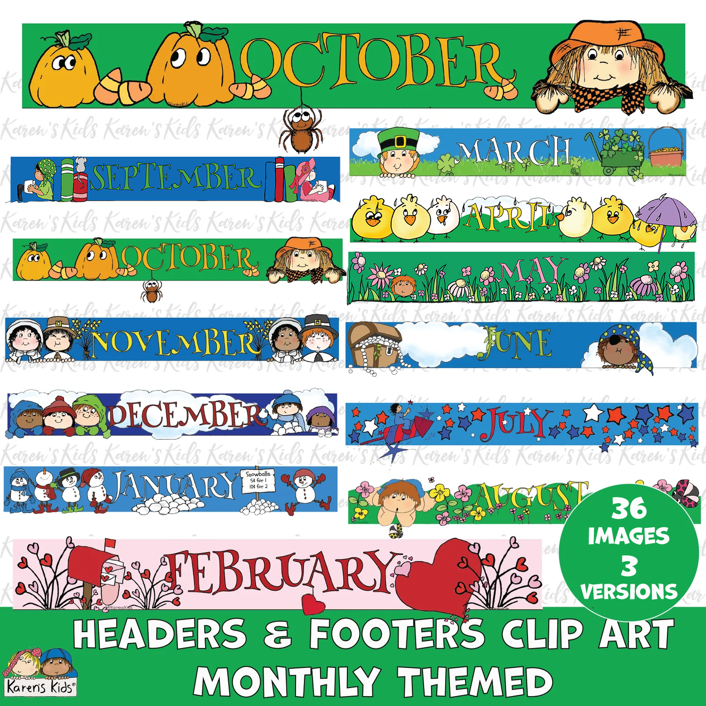 Headers and Footers Clipart Monthly Themes (Karen's Kids Clipart)