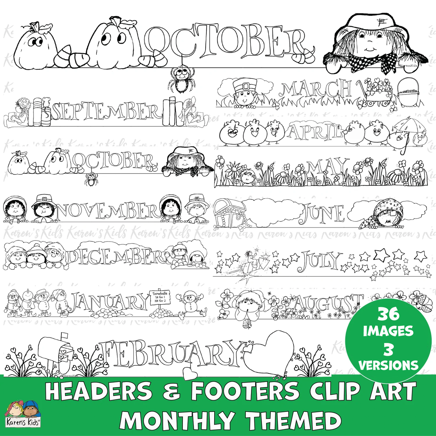 Headers and Footers Clipart Monthly Themes (Karen's Kids Clipart)