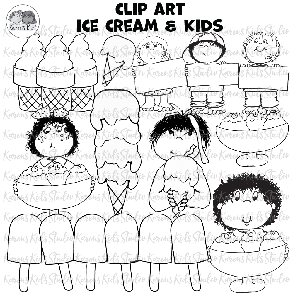 Ice cream cones, all flavors, all colors, sundaes and kids.  Full color and black white.