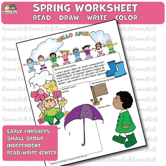 A picture of a SPRING WORKSHEET for kids to color, write, draw and read.