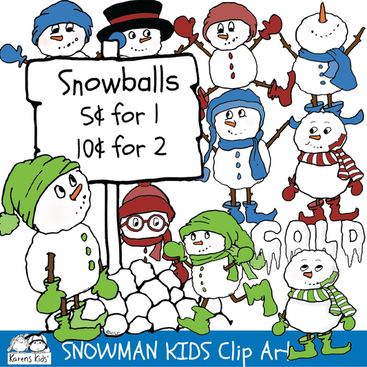Clip Art samples from  Karen's Kids full color SNOWMAN KIDS clipart set.