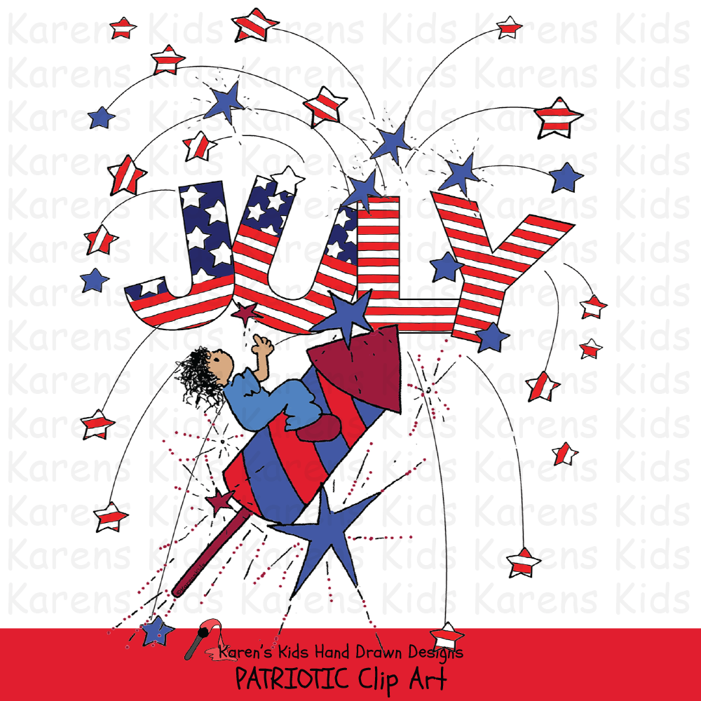 Samples from Karen's Kids Patriotic Kids clipart with a  child sitting on a rocket, a big JULY and exploding stars.
