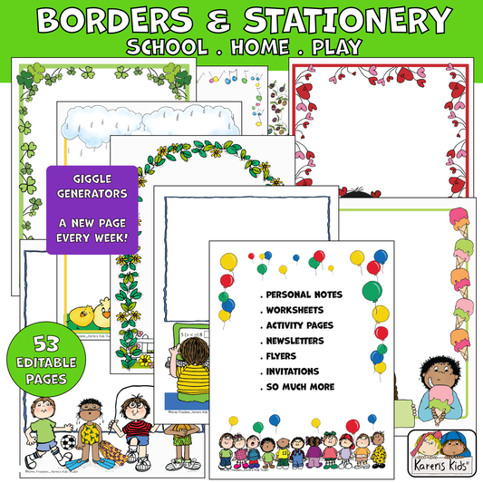 Title reads BORDERS, STATIONERY,School Home Play Themed Printable version. 53 pages. 10 sample pages show borders with pictures of rows of kids, reading, walking, playing, numbers, letters, colorful images and more.