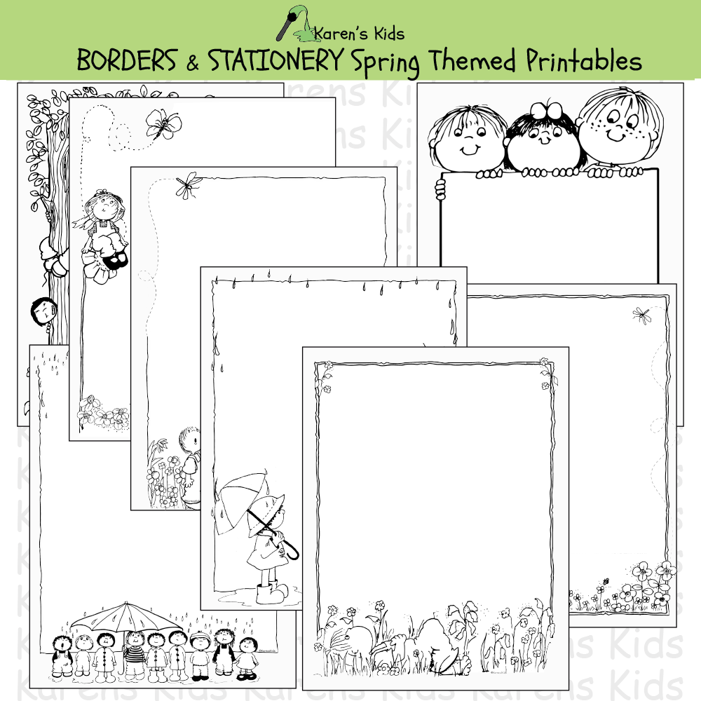 Samples of black and white, editable Spring BORDERS and stationery (Karen's Kids Editable Printables)