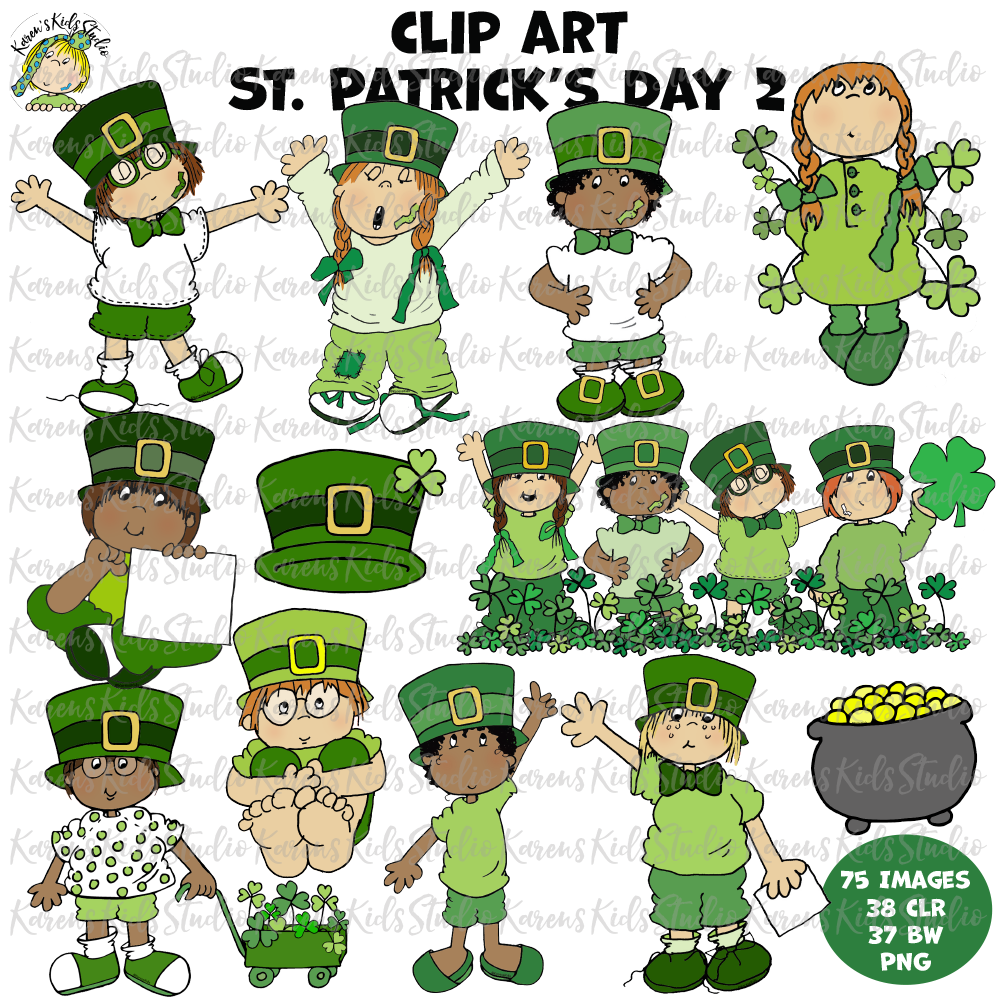 St. Patrick's Day clipart. Kids, Leprechauns, clovers, pots of gold.  Color and black and white.