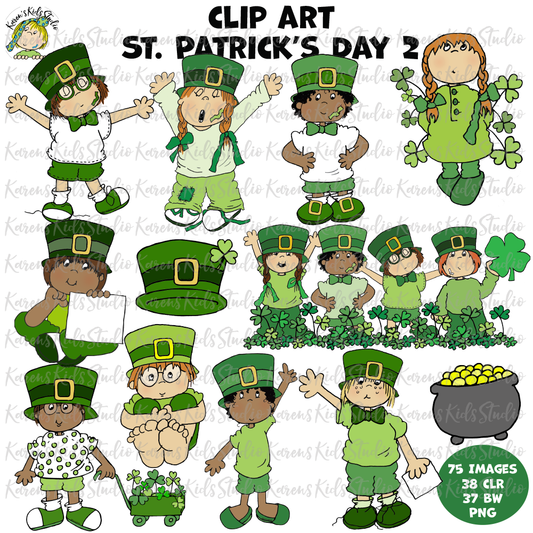St. Patrick's Day clipart. Kids, Leprechauns, clovers, pots of gold.  Color and black and white.