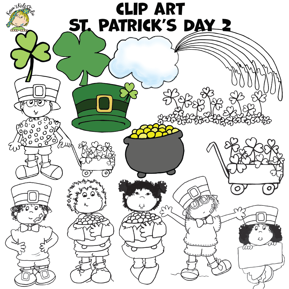 St. Patrick's Day clipart in color and black and white.  Pots of gold, rainbows, shamrocks and more from Karen's Kids Studio.