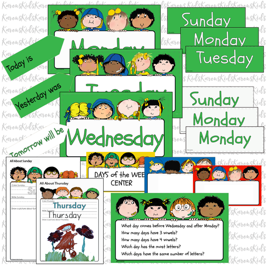Days of the Week CARDS Bright Colors Set PDF Ready to Use (Karen's Kids Printables)