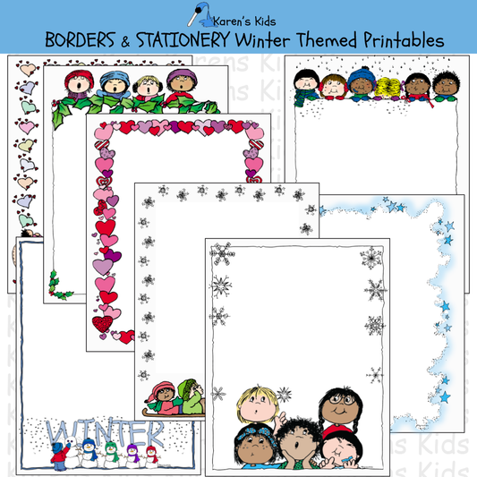 Samples of colorful, editable Winter BORDERS and stationery (Karen's Kids Editable Printables)