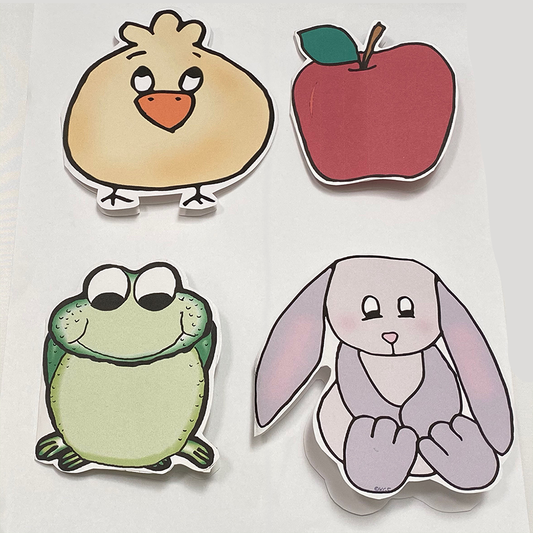 Samples of 3 fold cards in color; chick, apple, frog, bunny.
