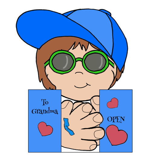 Sample of a Hugs by Mail card made with clipart. Card says, 'To Grandma. OPEN.'