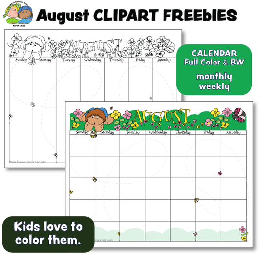 An image of a black and white clipart calendar and an image of a colored clipart calendar for August. Title says August Clipart Freebies