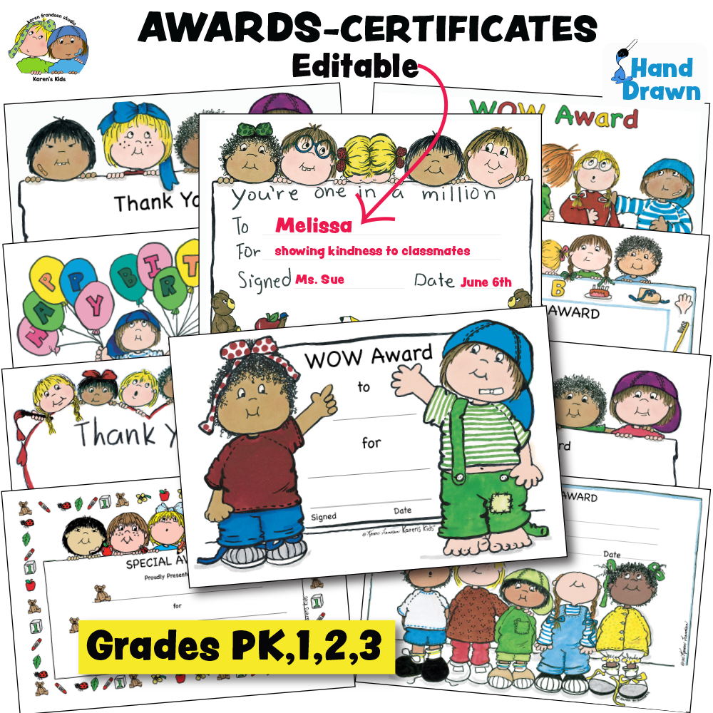 Colorful samples of 10 PK, 1st, 2nd, 3rd grade awards, classroom awards, editable awards. Outstanding award, Happy Birthday Balloons award, Recognition award and more.