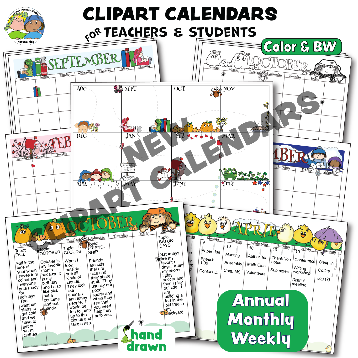 Sample pages of clipart calendars with colorful monthly themed images, black and white and color.