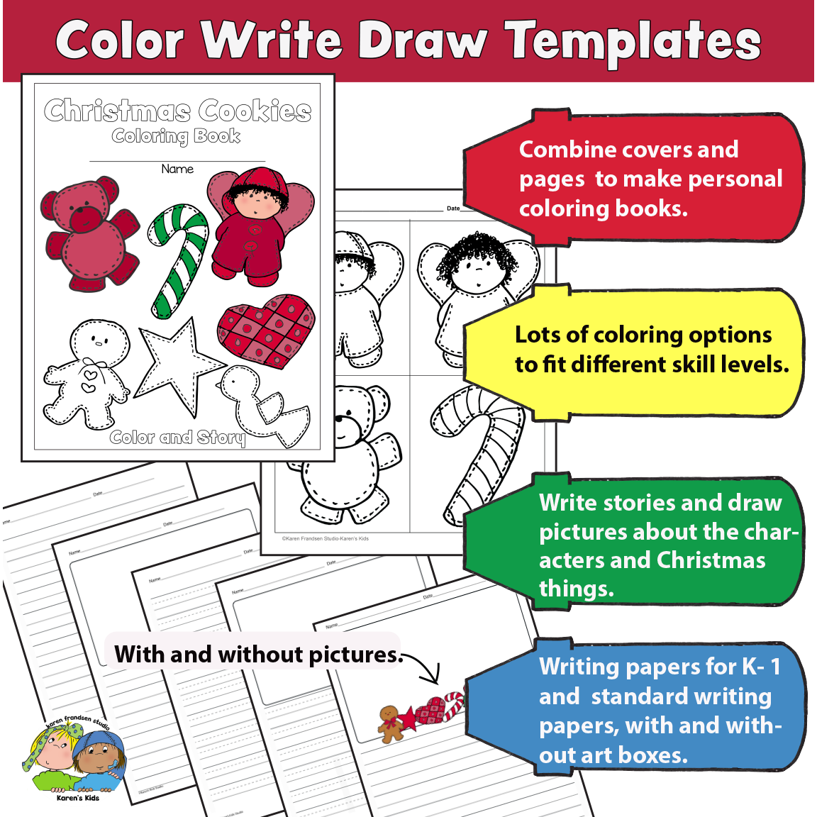 Coloring Pages Christmas Holiday+ writing papers (Karen's Kids)