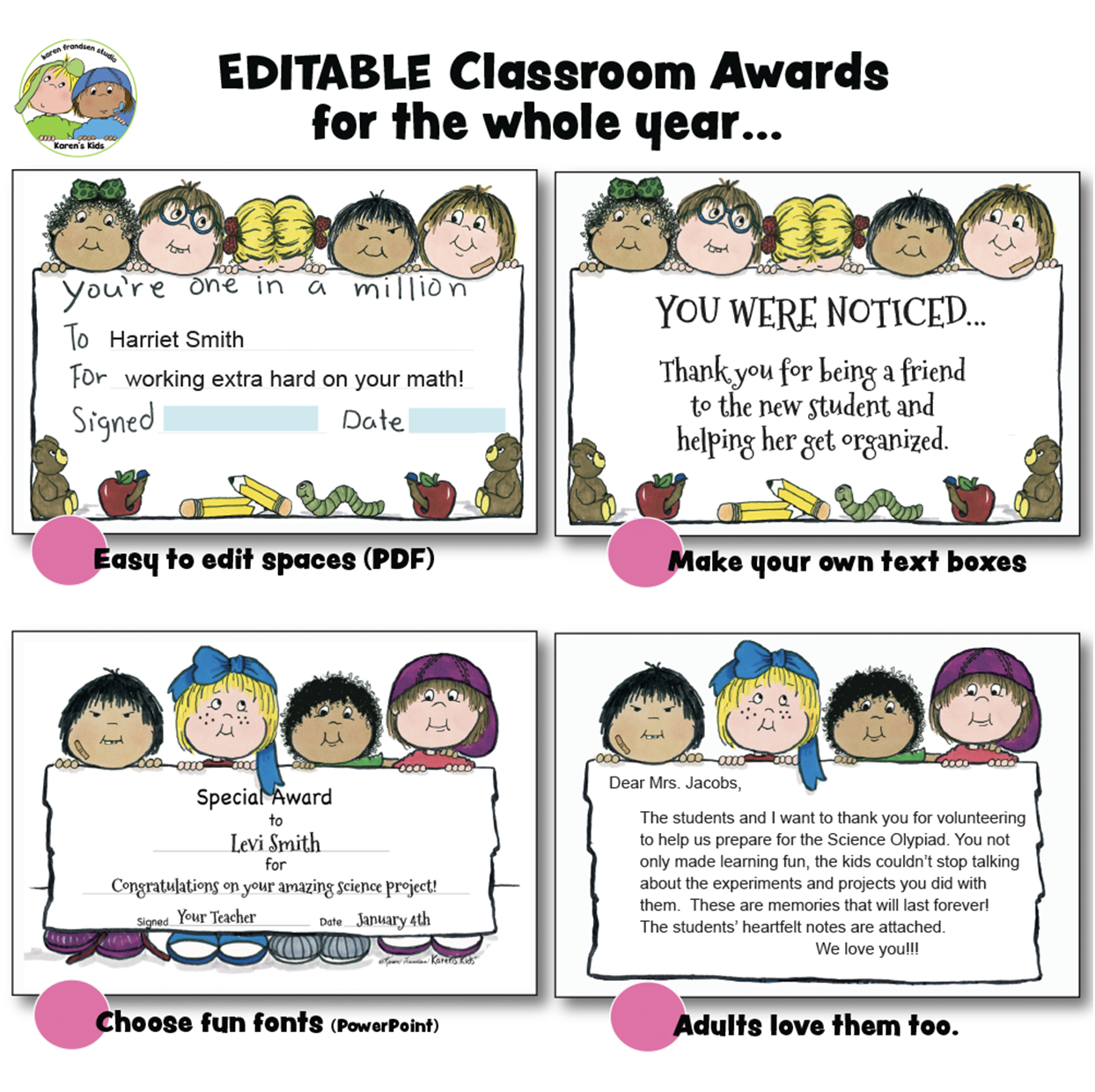 4 samples showing how to use 4 different sets of editable awards for PK, 1st, 2nd, 3rd grades. Editable spaces on PowerPoint and PDF. Blank spaces to add your own message and text boxes.