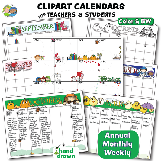 Calendars Clipart Set 2, Annual, Monthly, Weekly, Color, Black White, Teachers, Students (Karen's Kids Clipart)