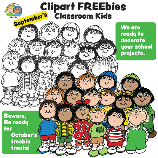 Two images of a group of 11 young kids. One in color and the same in BW. Text reads September clipart freebies.