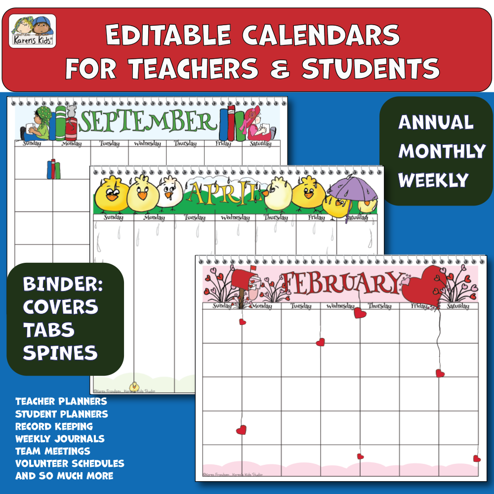 Editable calendar set for adults, and students too.  Full color and black and white annual, monthly and weekly pages.