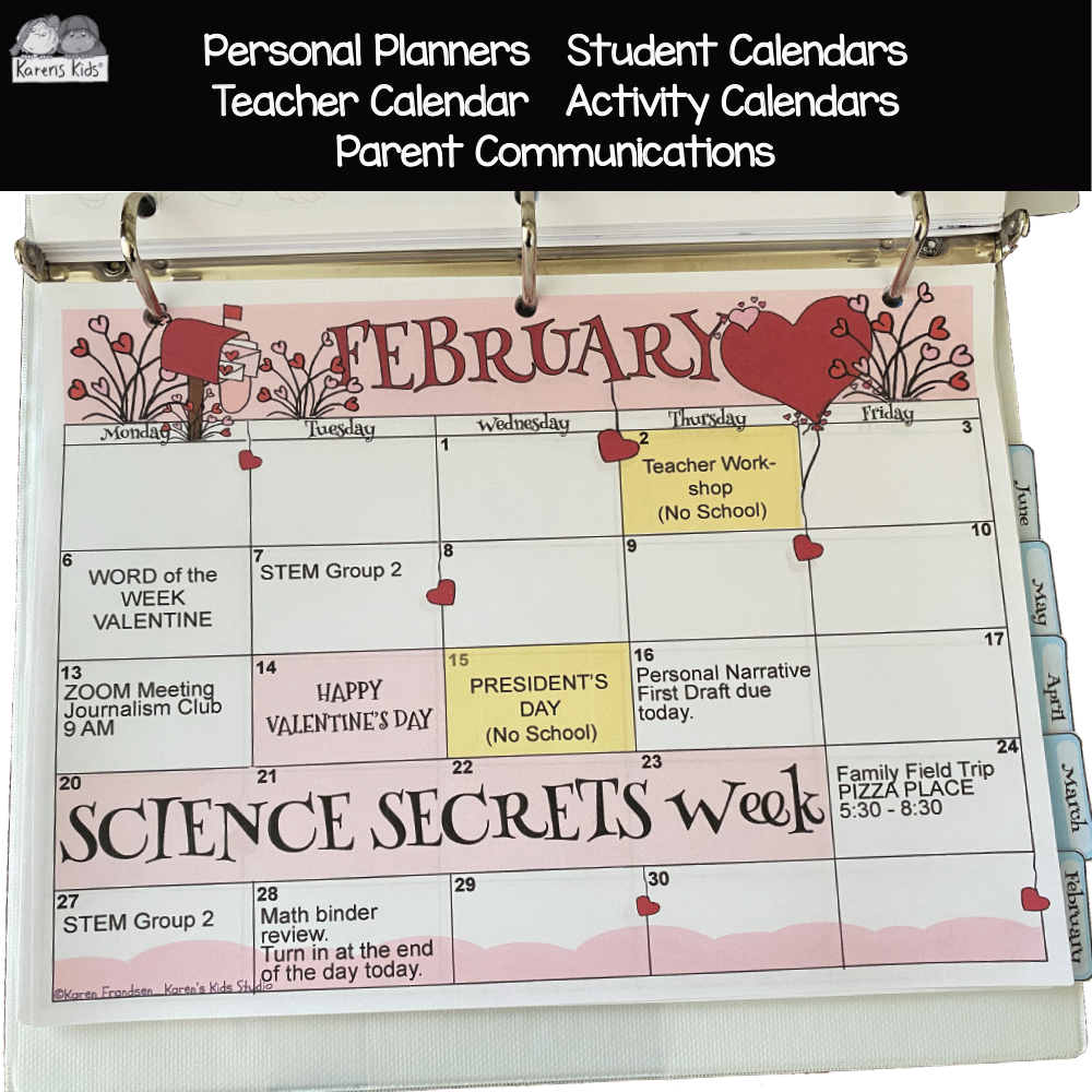 Full color sample of the February annual calendar with sample school activities typed in.