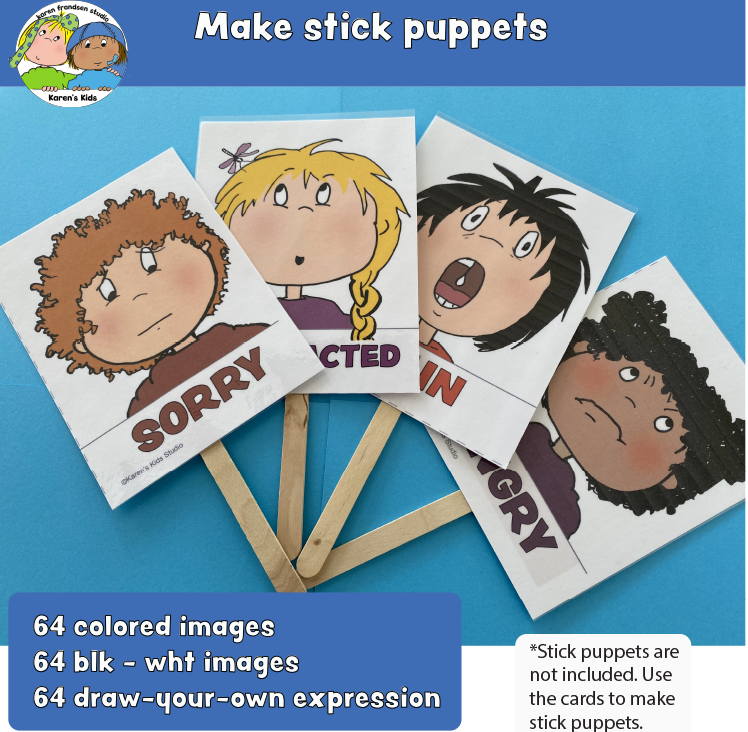 Stick puppets with feeling cards, feelings cards, printable emotion cards, feelings cards with labels, full color feeling cards