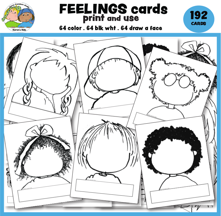 feelings cards, printable emotion cards, feelings cards with labels, full color feeling cards, black and white line drawing cards with blank faces