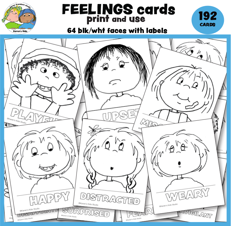 black line drawings feeling cards, feelings cards, printable emotion cards, feelings cards with labels, full color feeling cards, counseling cards