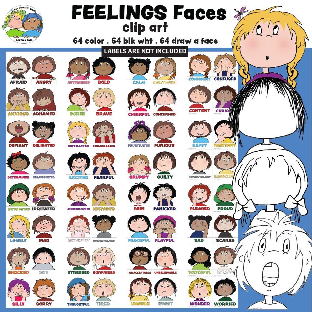 192 clipart images showing feelings and emotions.  Color clipart emotions, black white and blank faces.