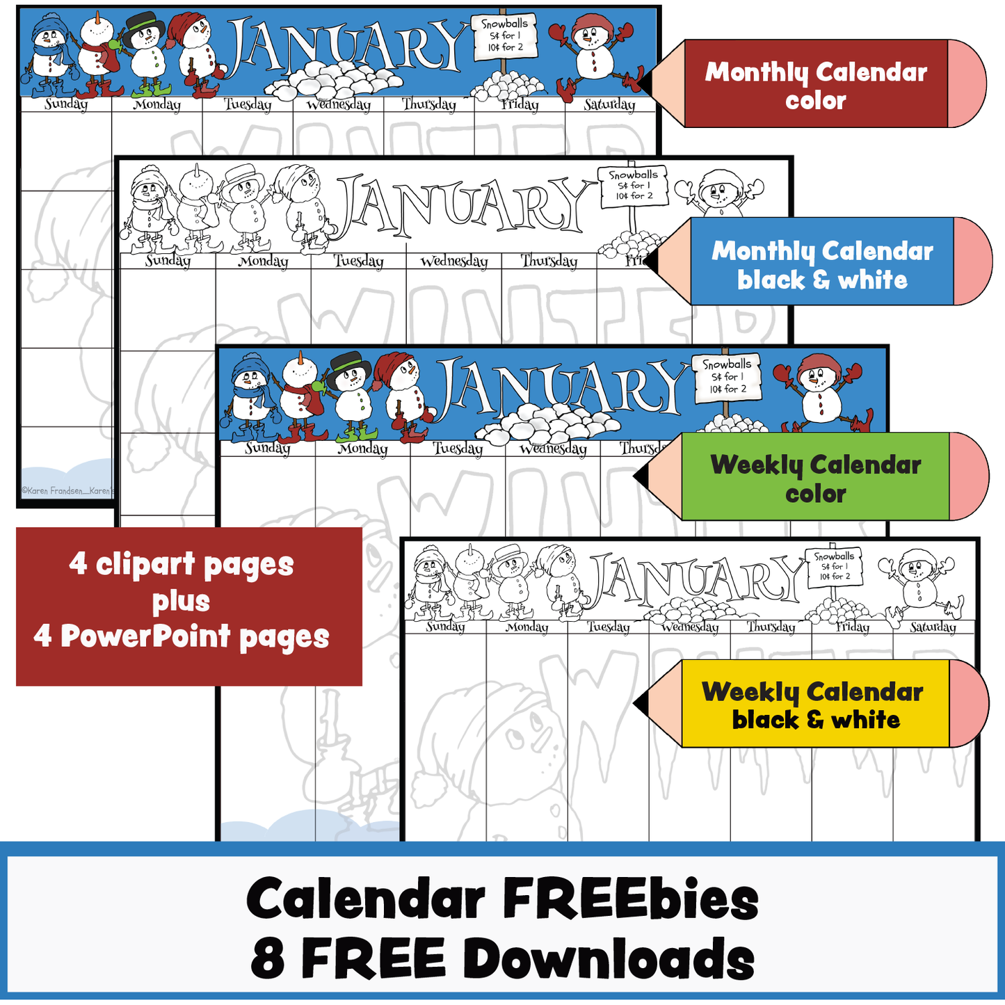 FREE Calendar Template Samples-PowerPoint+Clipart-January (Karen's Kids Clipart)