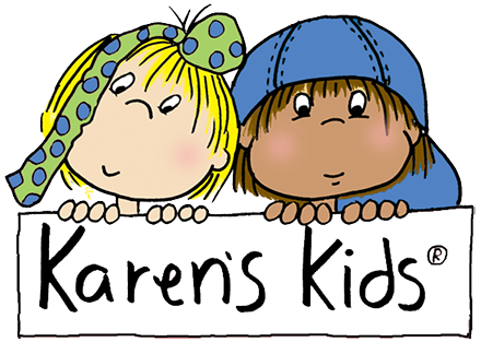 Karen's Kids logo; girl with untied boy and boy with blue hat.