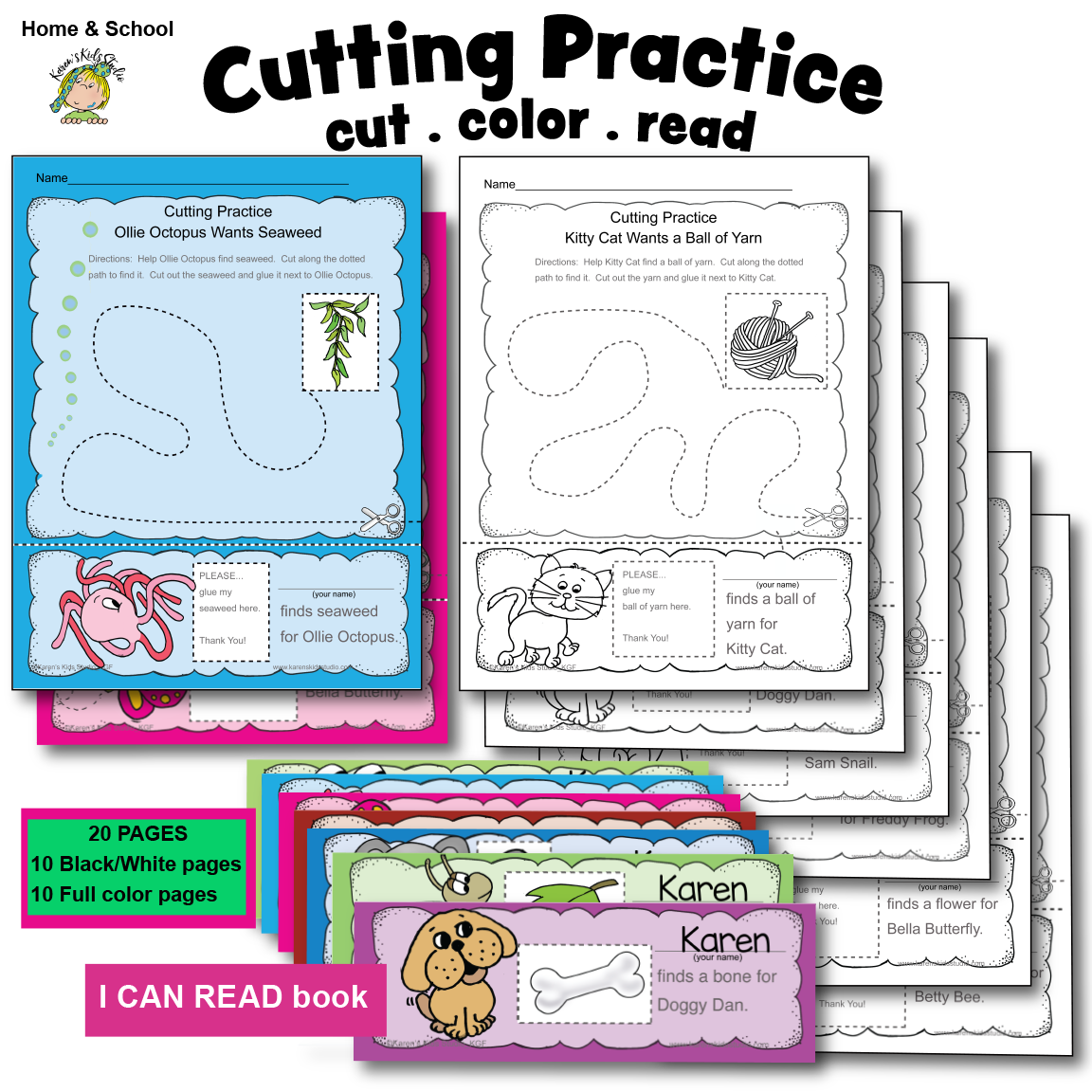 Cutting Practice: Cut, Color, Read (Karen's Kids Editable Printables)