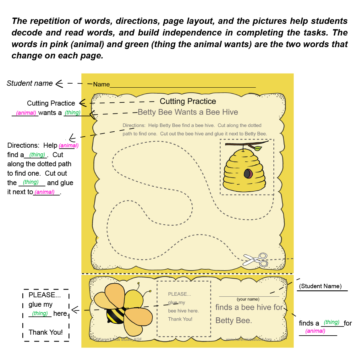 Cutting Practice: Cut, Color, Read (Karen's Kids Editable Printables)