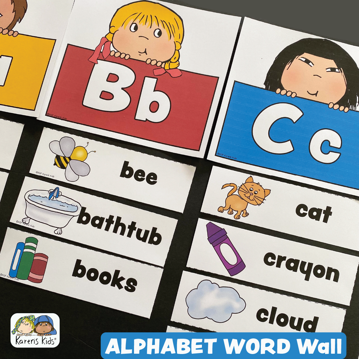 Close up colorful picture of a girl holding a Bb card with 3 picture-word cards beneath it, bee, bathtub, books. A boy holds Cc with 3 picture-word cards beneath, cat, crayon, cloud.