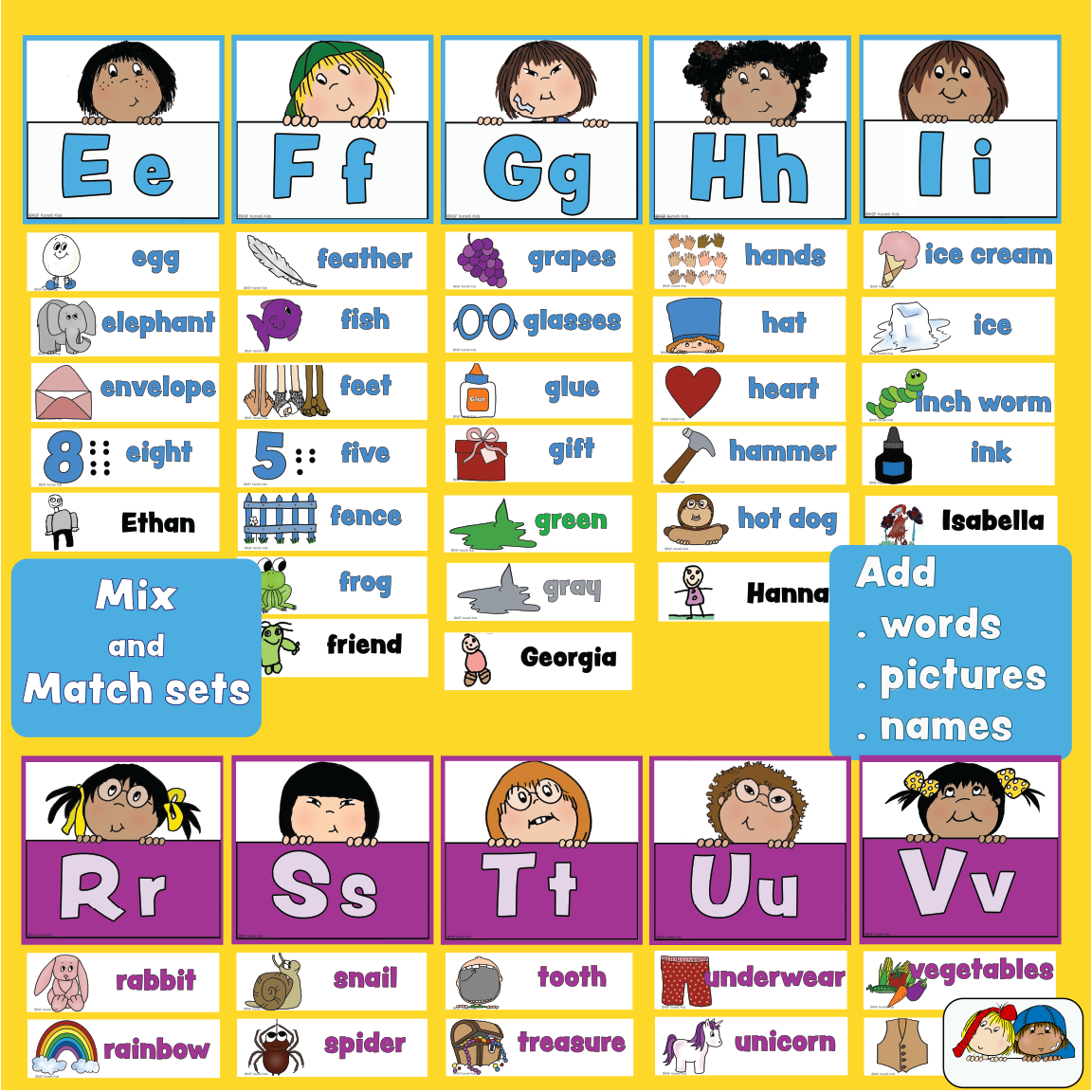 Sample of a colorful bulletin board with 5 kids each holding a large letter. A row of picture-word cards under each letter. 2 color options, one is turquoise and one in purple.