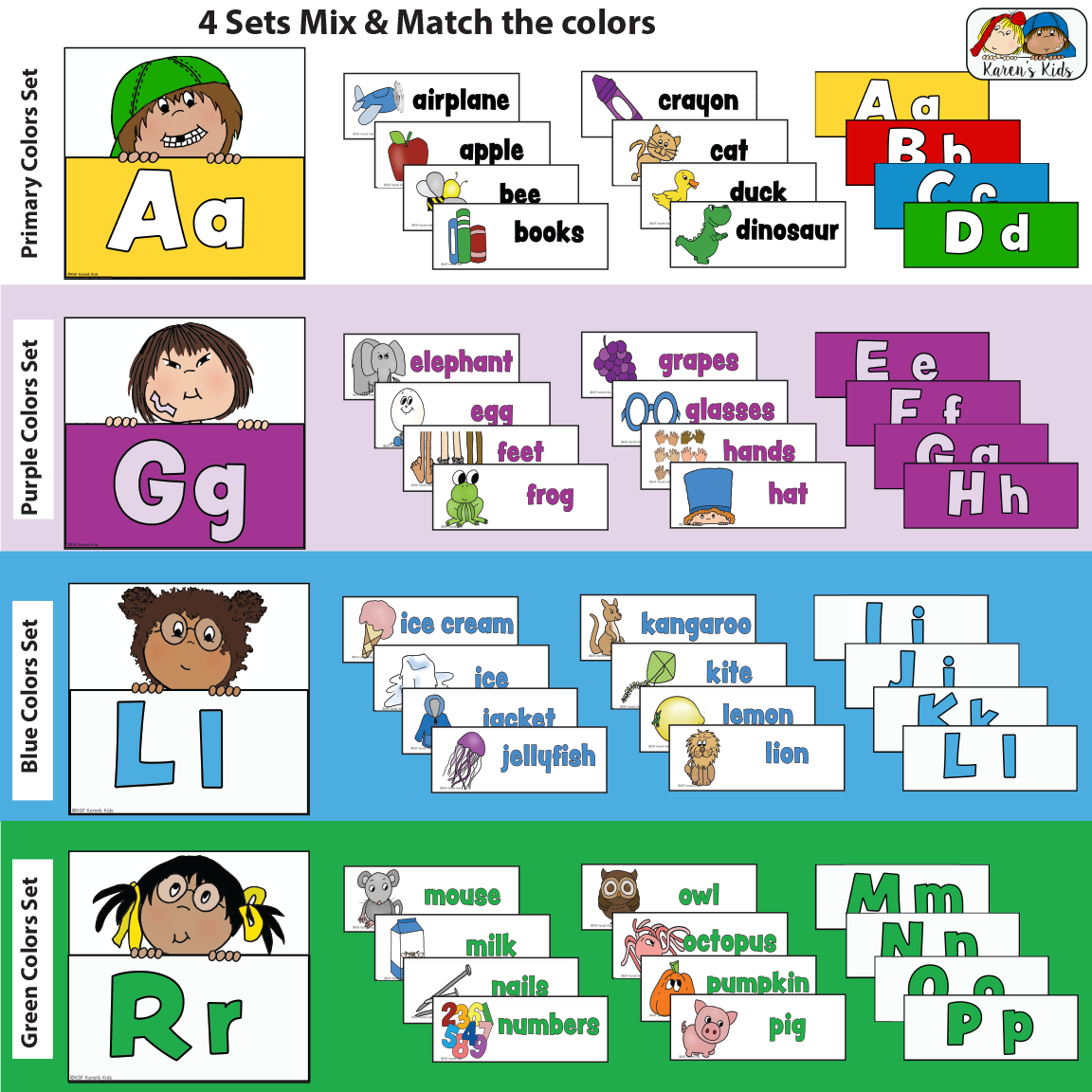Alphabet word wall bulletin board. 4 different color sets, picture word cards and worksheets samples in color.
