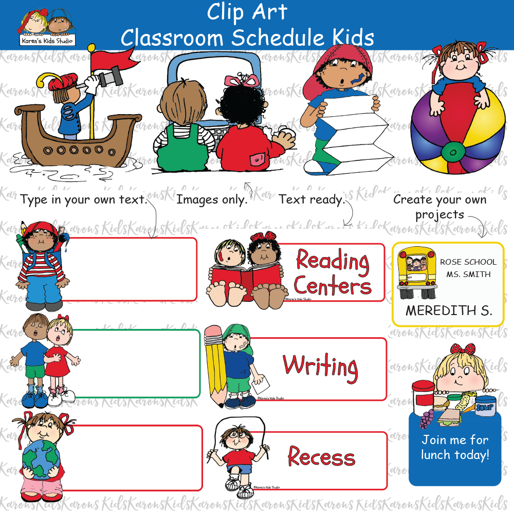CLASSROOM SCHEDULE KIDS CARDS examples; colorful individual images, kids holding blank signs to fill in, ready to use cards (Karen's Kids Clipart)