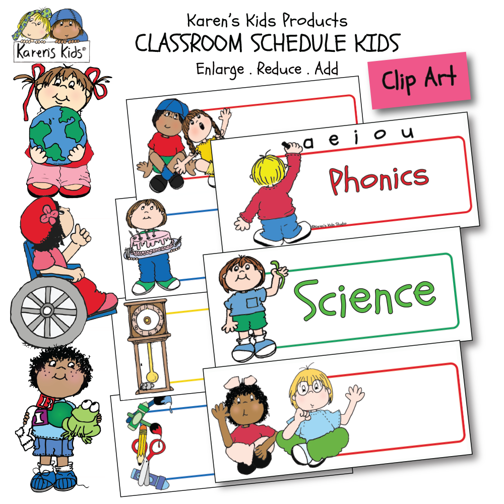 CLASSROOM SCHEDULE KIDS CARDS examples: colorful images with blank signs to fill in, ready to use cards (Karen's Kids Clipart)