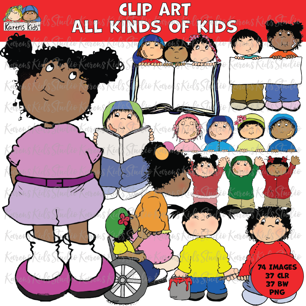 Title reads CLIP ART ALL KINDS OF KIDS, 74 images, 37 clr, 37 BW, png.Large image of girl with brown skin, shades of purple clothing, 9 smaller images of multicultural kids in colorful clothing, 3 kids hold a big book, 2 kids holding a blank sign, a row of 4 kids, boy with cap sitting  reading a book. gril in a wheel chair, 2 kids, one holding a paint can and more.