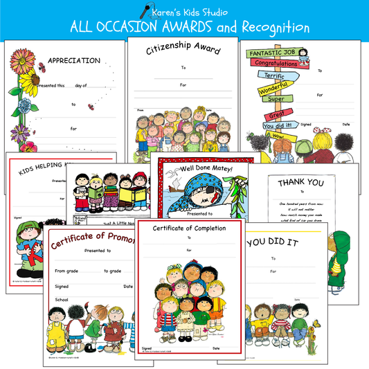 Colorful award samples: Appreciation Award, Citizenship Award, Completion Award, Fantastic - Terrific Award, Helping Hands Award, Just a Note, Promotion Certificate, Thank You Message, Well Done Matey, You Did It Recognition