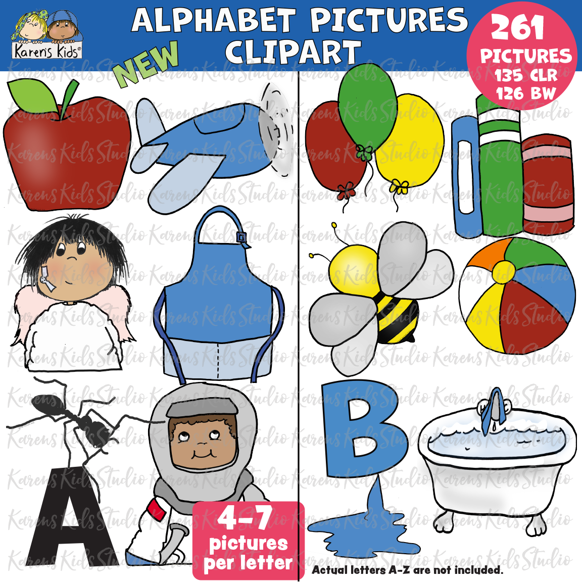 Picture with the title ALPHABET PICTURES CLIPART. 261 pictures, 135 color pictures, 126 black and white pictures. 4-7 pictures for each letter. 12 color pictures show samples of clipart, apple airplane, angel, apron, ant, astronaut and more.