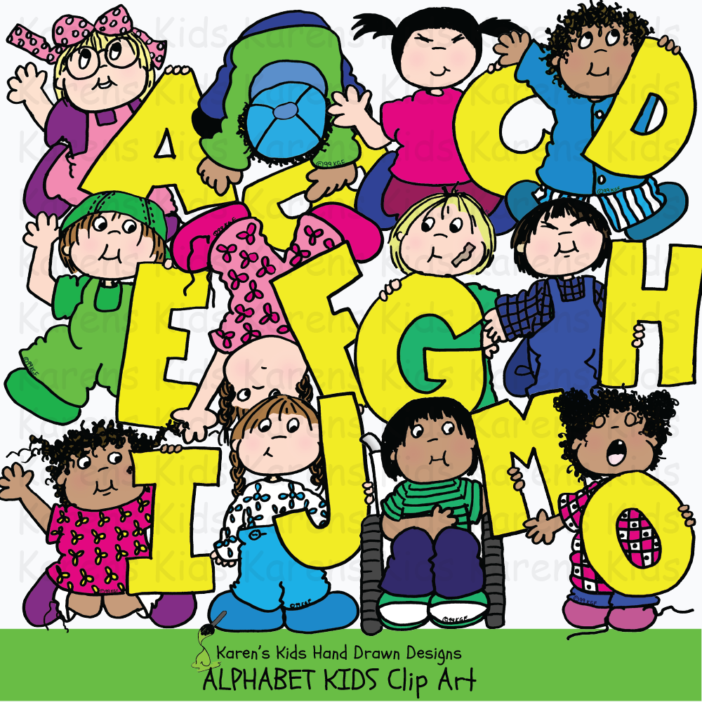 Full color samples of clipart illustrations with large yellow alphabet letters; clip art girl in pink holding the letter A, boy picking up the letter B, boy jumping and holding the letter D, from Karen's Kids Clipart Alphabet Kids