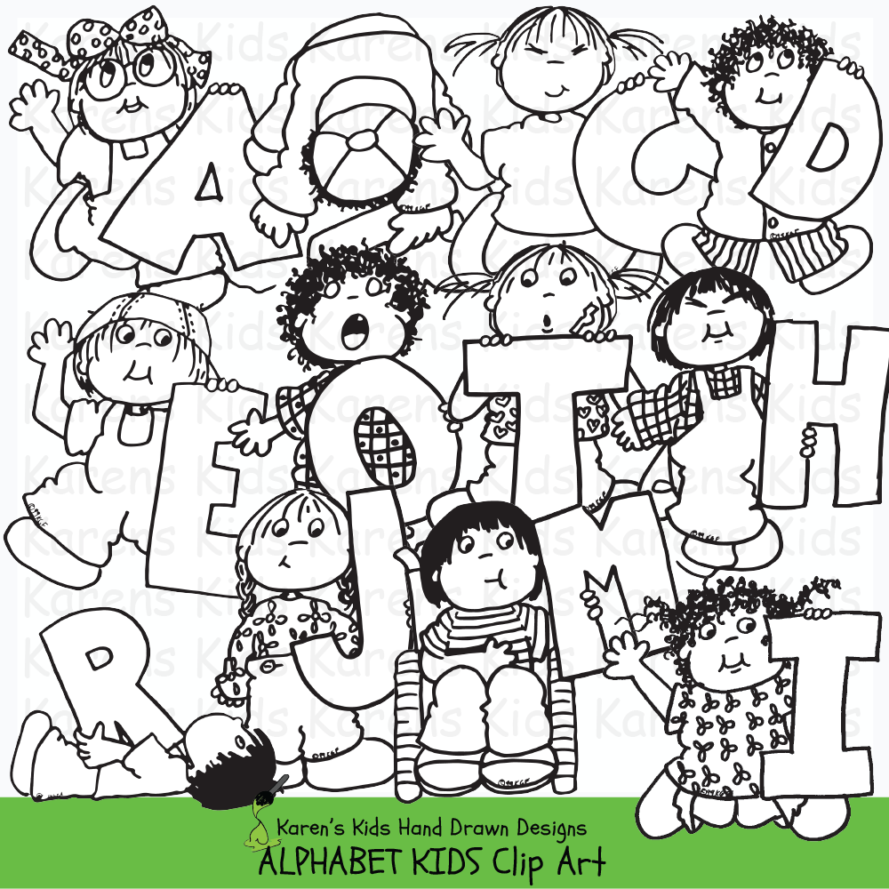 Black and white clip art samples of kids holding letters of the alphabet from Karen's Kids Alphabet Kids Clipart set.